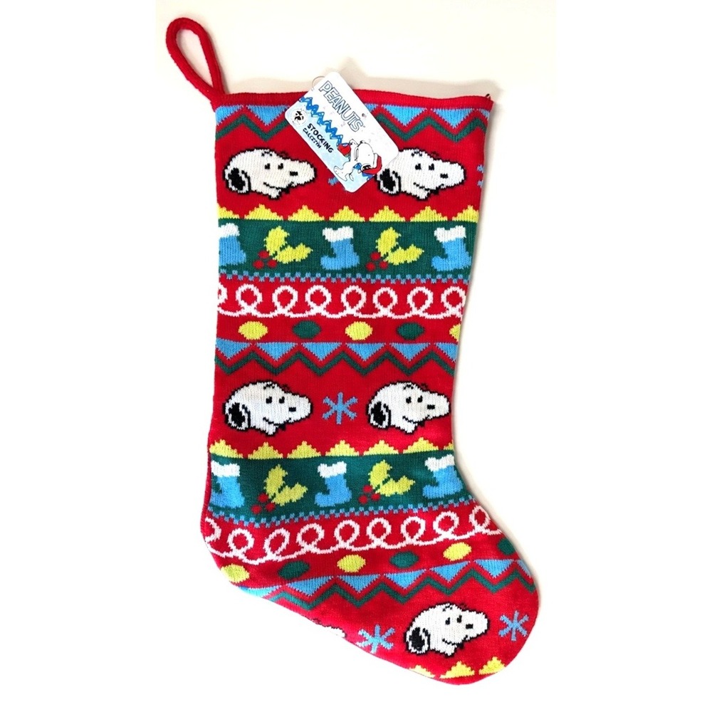 Peanuts Snoopy Christmas Stocking, Knit with Fleece Lining, Red, New with Tags